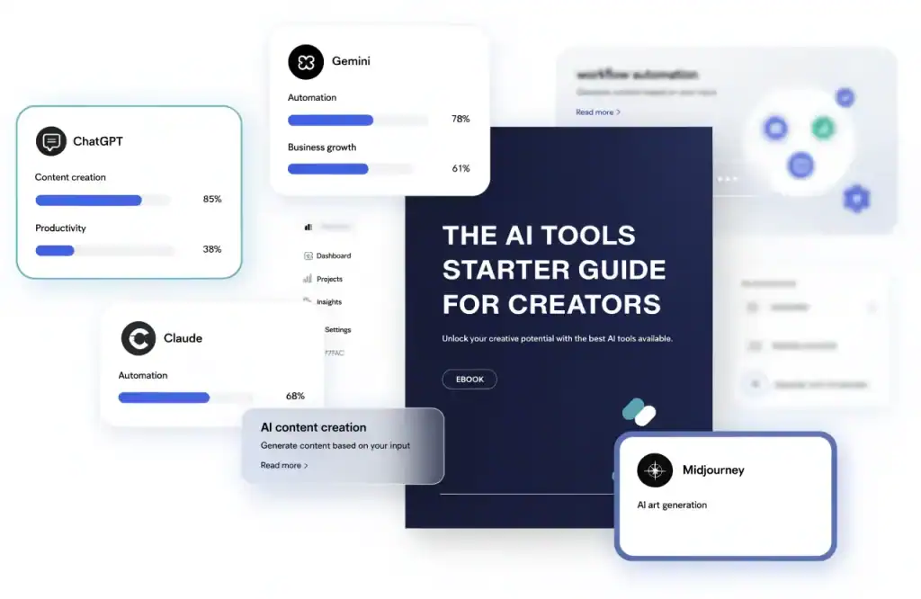 The AI Tools Starter Guide for Creators featuring practical AI workflows, content creation tools, and business productivity resources.